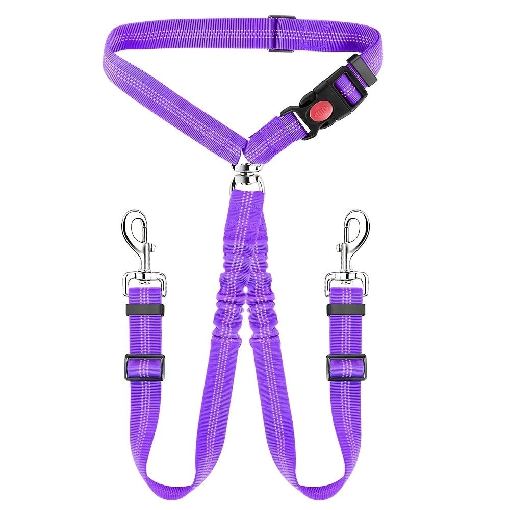 Dual-Head Pet Car Seat Belt with 360° Swivel Tangle-Free Leash for Two Dogs - Adjustable Safety Restraint for Car Travel and Outdoor Walking, Reflective Nylon Webbing (Red)
