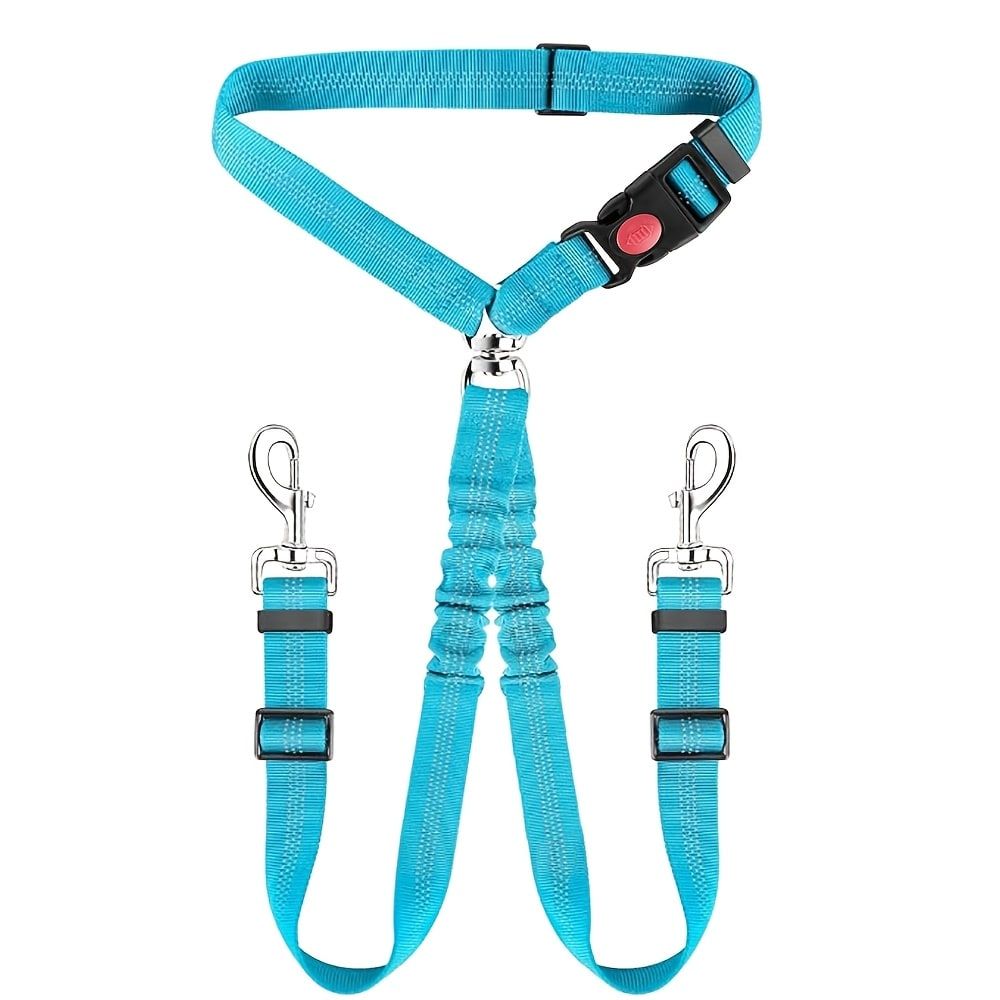 Dual-Head Pet Car Seat Belt with 360° Swivel Tangle-Free Leash for Two Dogs - Adjustable Safety Restraint for Car Travel and Outdoor Walking, Reflective Nylon Webbing (Red)