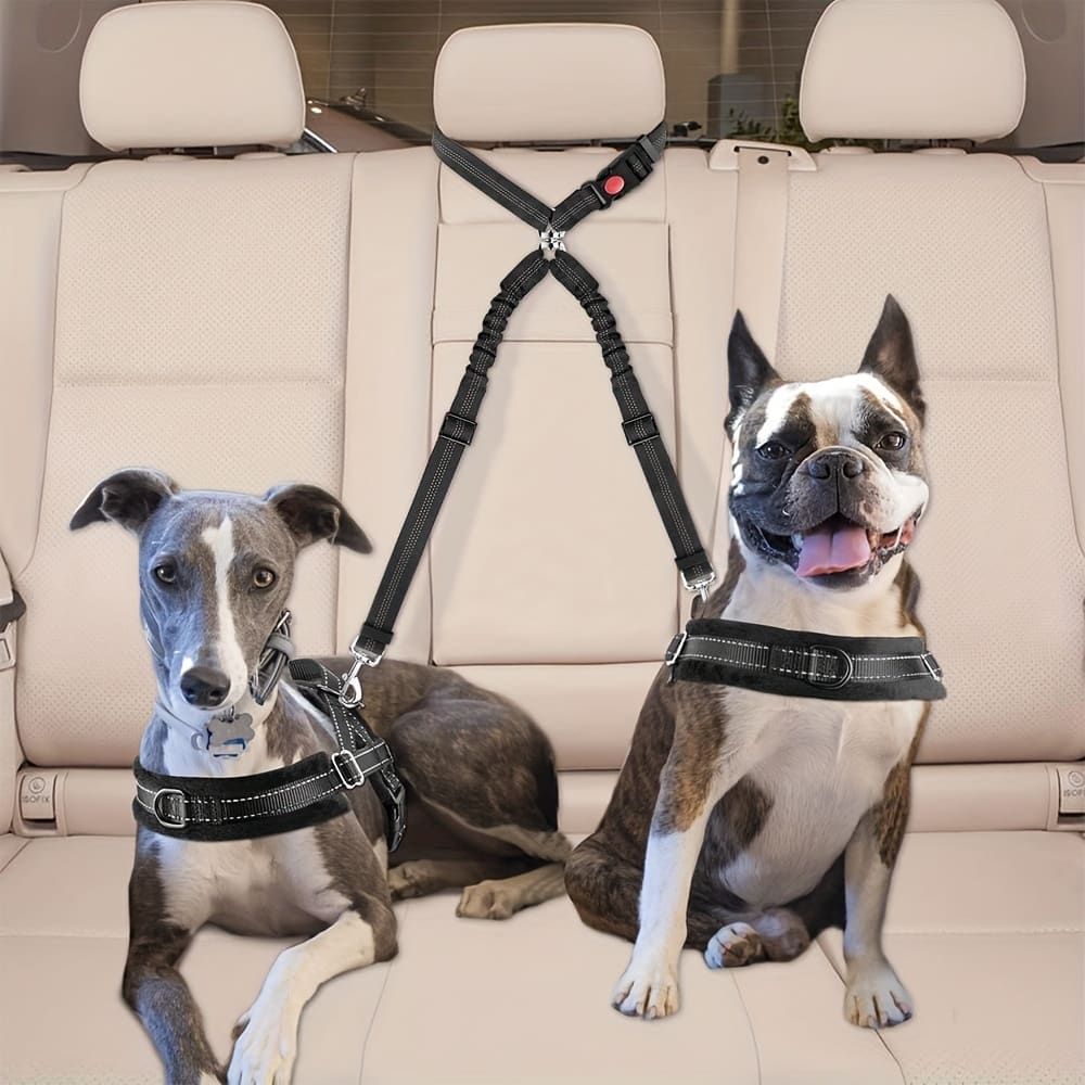 Dual-Head Pet Car Seat Belt with 360° Swivel Tangle-Free Leash for Two Dogs - Adjustable Safety Restraint for Car Travel and Outdoor Walking, Reflective Nylon Webbing (Rose)