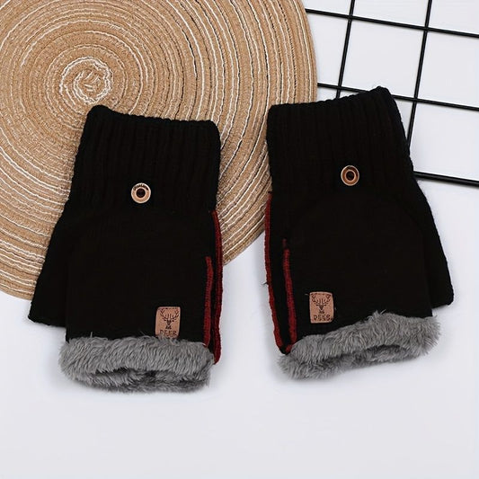 Men's Thick Knitted Flip-Top Gloves with Plush Lining, Convertible Design for Touchscreen Use, Winter Warmth for Outdoor Activities and Daily Commute (Black)