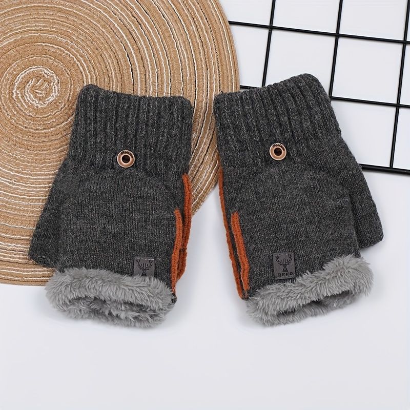 Men's Thick Knitted Flip-Top Gloves with Plush Lining, Convertible Design for Touchscreen Use, Winter Warmth for Outdoor Activities and Daily Commute (Black)