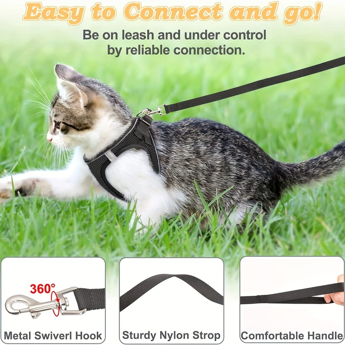 Escape-Proof Cat Harness and Leash Set with Reflective Soft Mesh Vest for Safe Outdoor Adventures with Your Feline Friend (S, Orange)