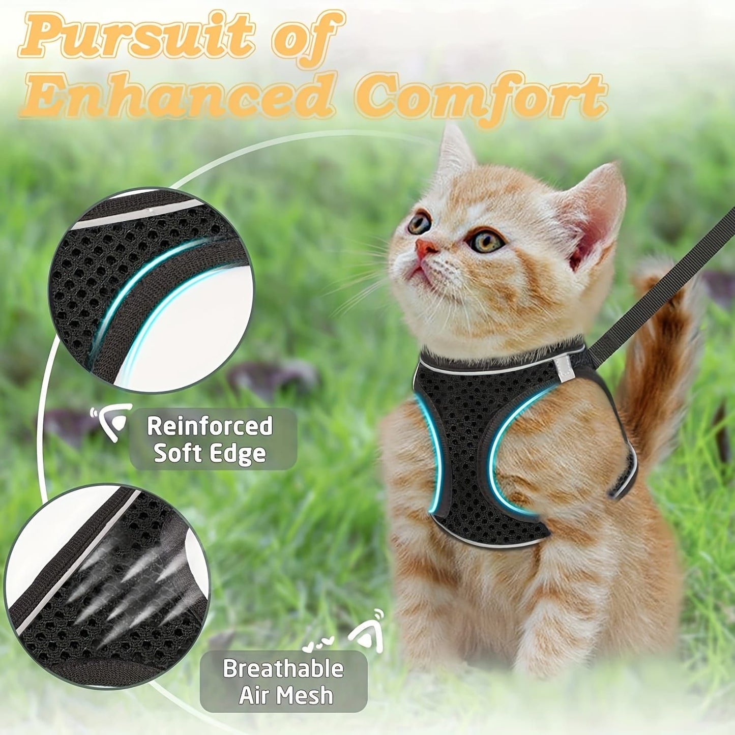 Escape-Proof Cat Harness and Leash Set with Reflective Soft Mesh Vest for Safe Outdoor Adventures with Your Feline Friend (S, Red)