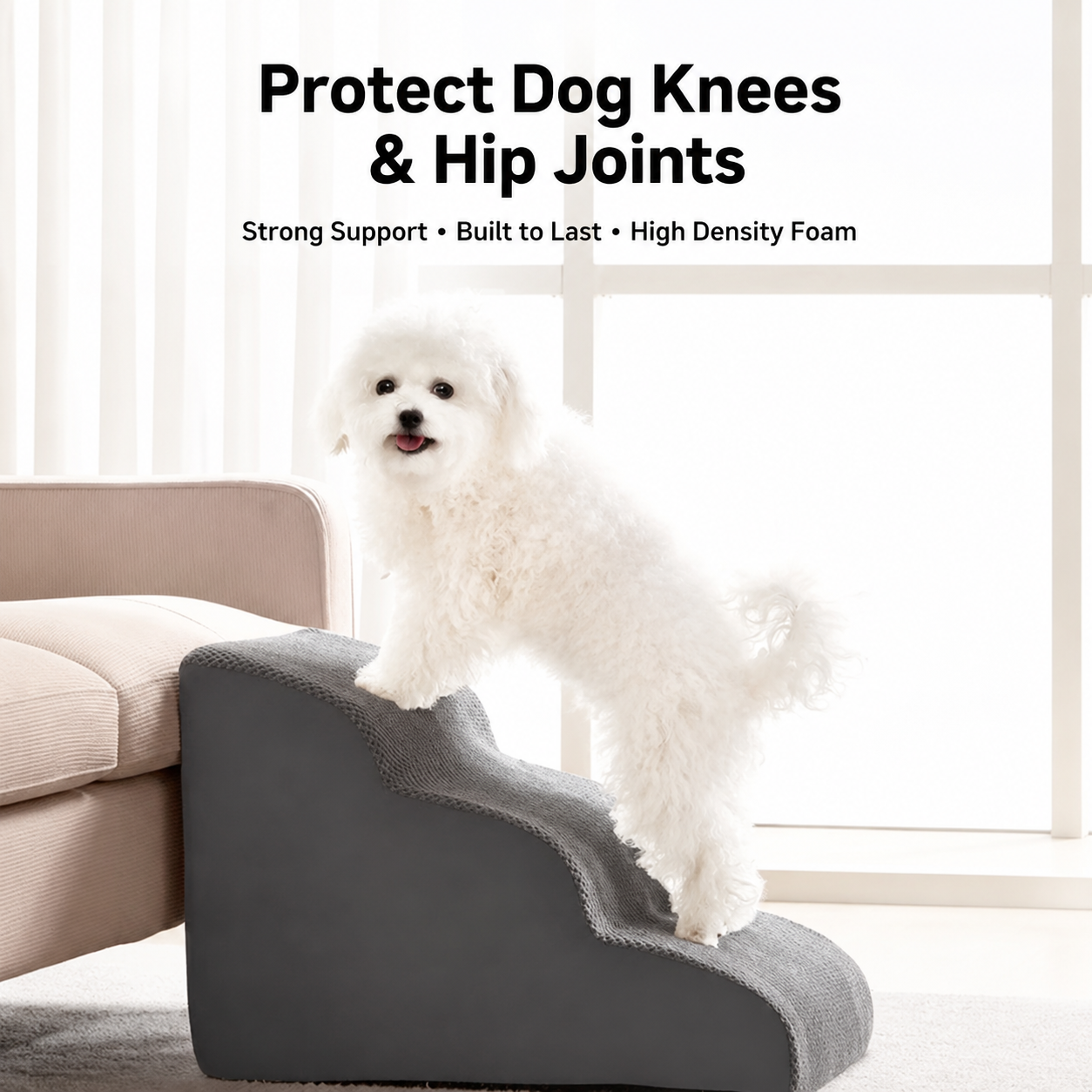 Orthopedic Foam Pet Stairs with Washable Cover – Safe 2, 3, & 4 Tier Dog Ramp for Bed & Couch Access, Gentle Slope for Puppies, Small Breeds, and Senior Pets Needing Joint Relief (Beige, 4Tier)