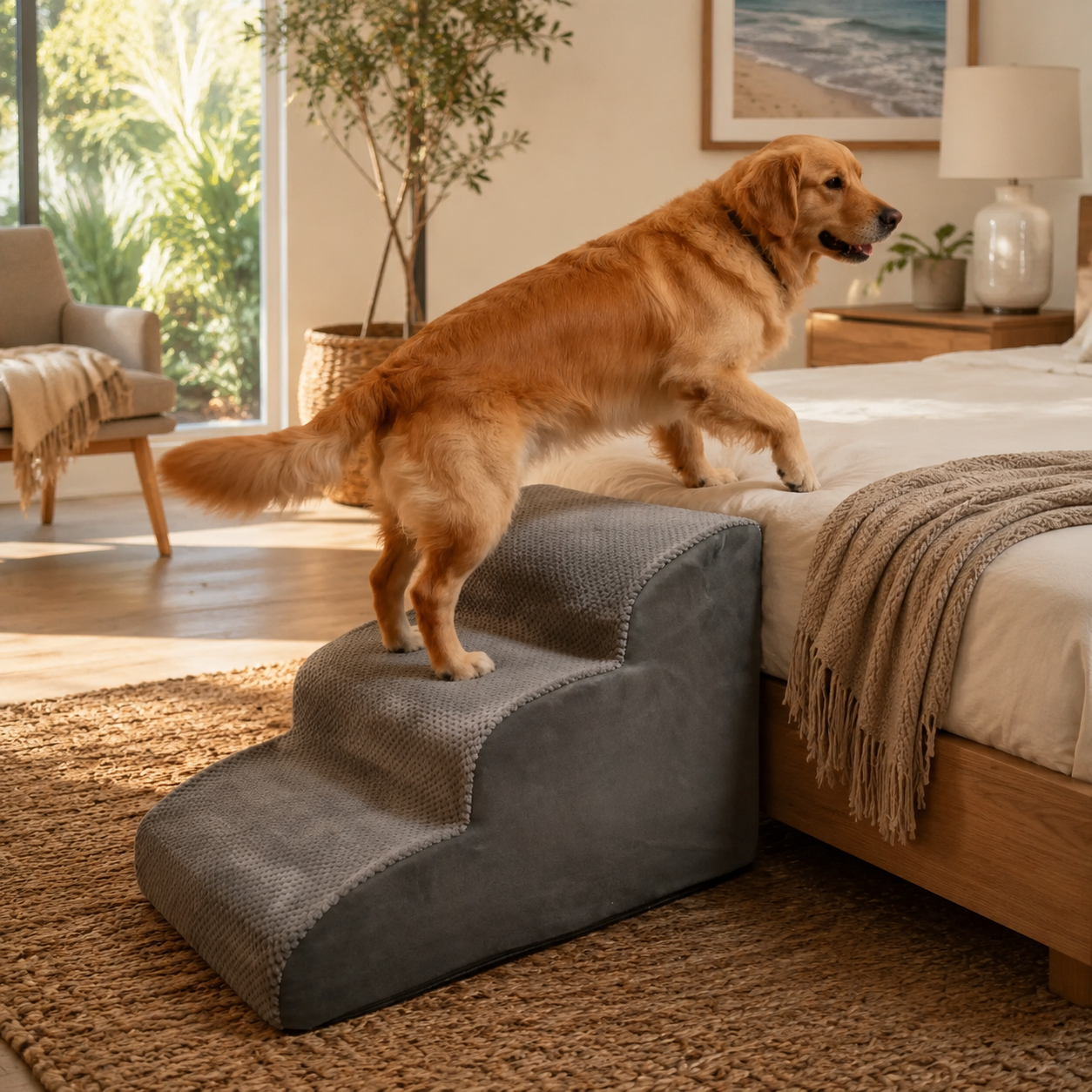 Orthopedic Foam Pet Stairs with Washable Cover – Safe 2, 3, & 4 Tier Dog Ramp for Bed & Couch Access, Gentle Slope for Puppies, Small Breeds, and Senior Pets Needing Joint Relief (Beige, 4Tier)