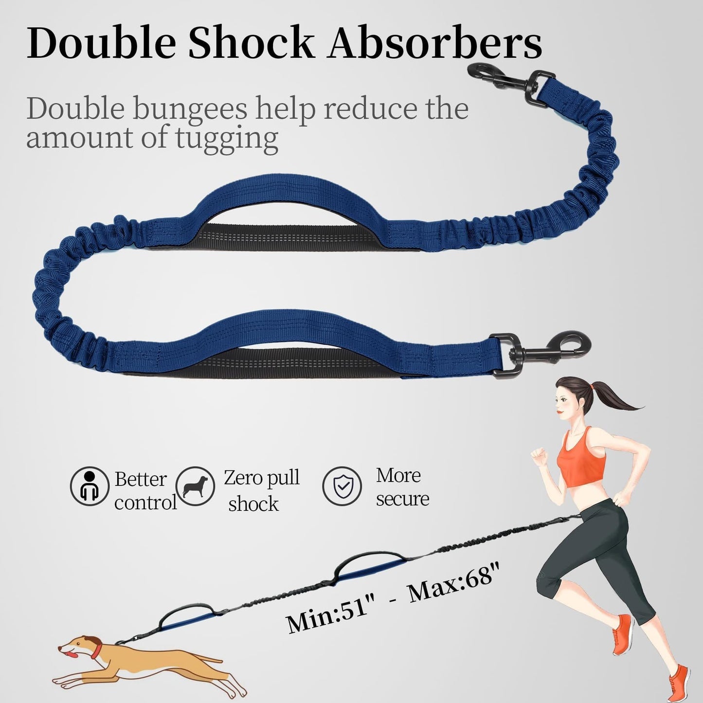 Hands-Free Dog Leash with Waist Belt and Storage Pouch, Shock-Absorbing Bungee Leash for Running, Walking, and Outdoor Adventures, Reflective Safety Design for Night Walks (Navy)