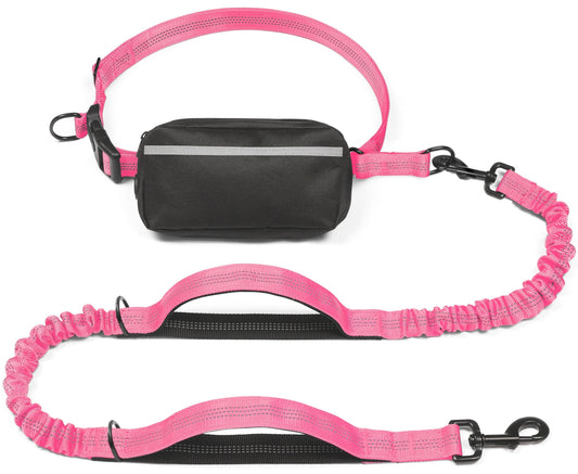 Hands-Free Dog Leash with Waist Belt and Storage Pouch, Shock-Absorbing Bungee Leash for Running, Walking, and Outdoor Adventures, Reflective Safety Design for Night Walks (Pink)