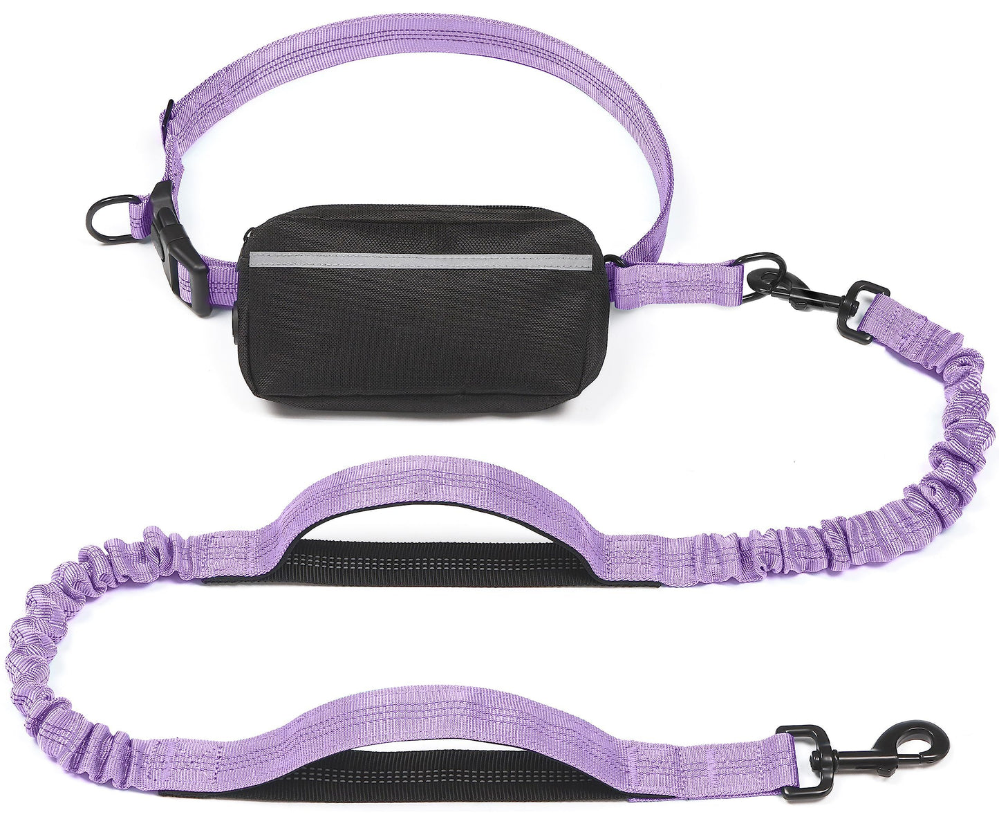 Hands-Free Dog Leash with Waist Belt and Storage Pouch, Shock-Absorbing Bungee Leash for Running, Walking, and Outdoor Adventures, Reflective Safety Design for Night Walks (Purple)