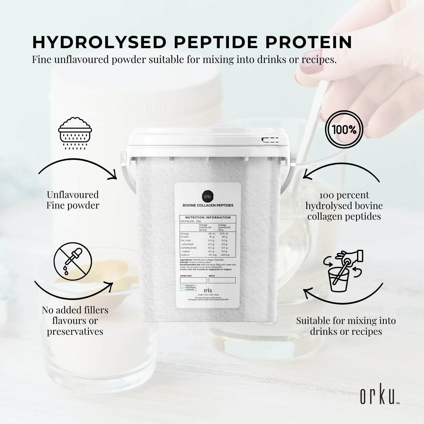 Orku 600g Bovine Collagen Peptides Powder Tub Hydrolysed Protein