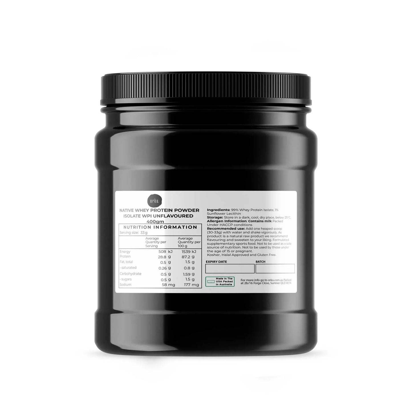 Orku 400g Whey Protein Isolate Powder WPI 90% Unflavoured Native Jar