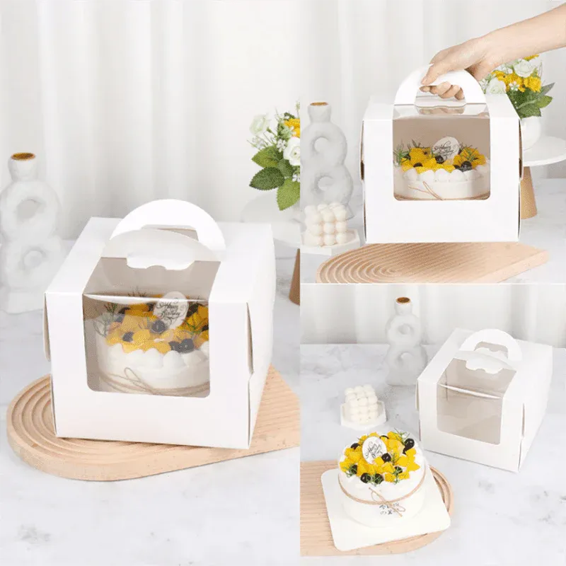 8 Inch Cake Box with Window Paper Packaging Box Handle for Party Wedding Bakery - 10PCS
