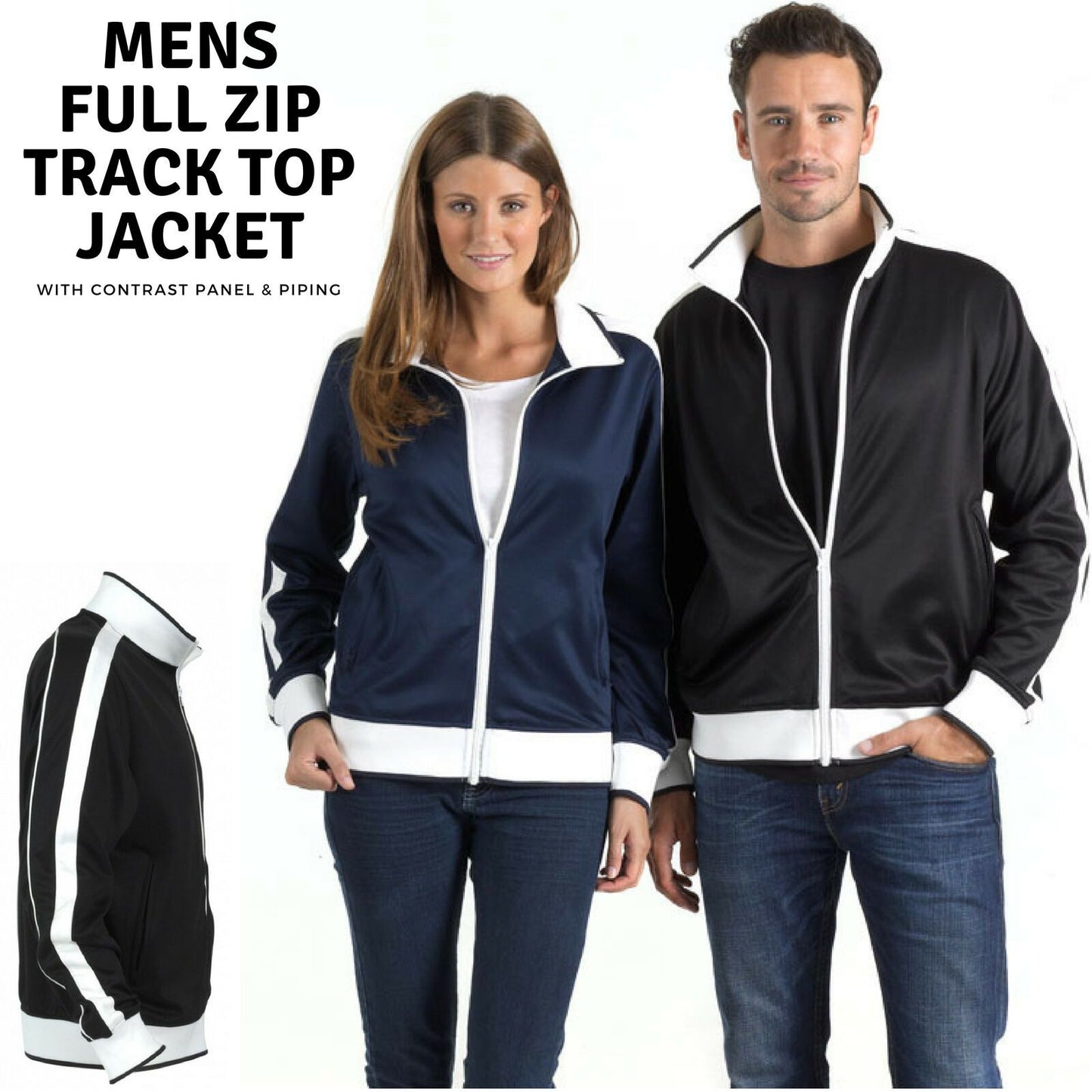 Identitee Mens Varsity Track Jacket Warm Winter Tracksuit Top Zip - Navy/White - L