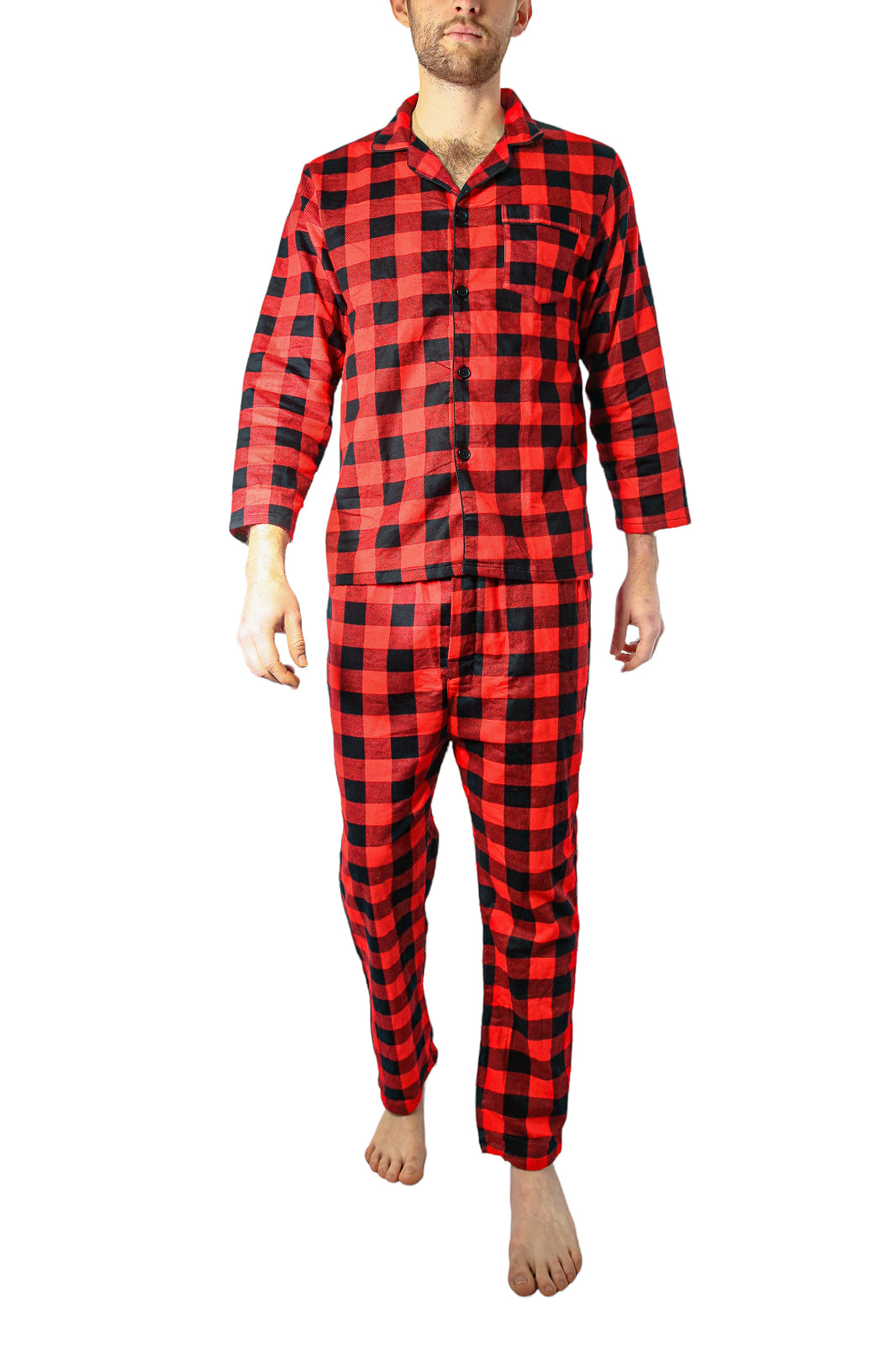 Mens Flannelette Pyjama Set 100% Cotton Long Sleeve Pants Soft Warm PJs - Red - L
