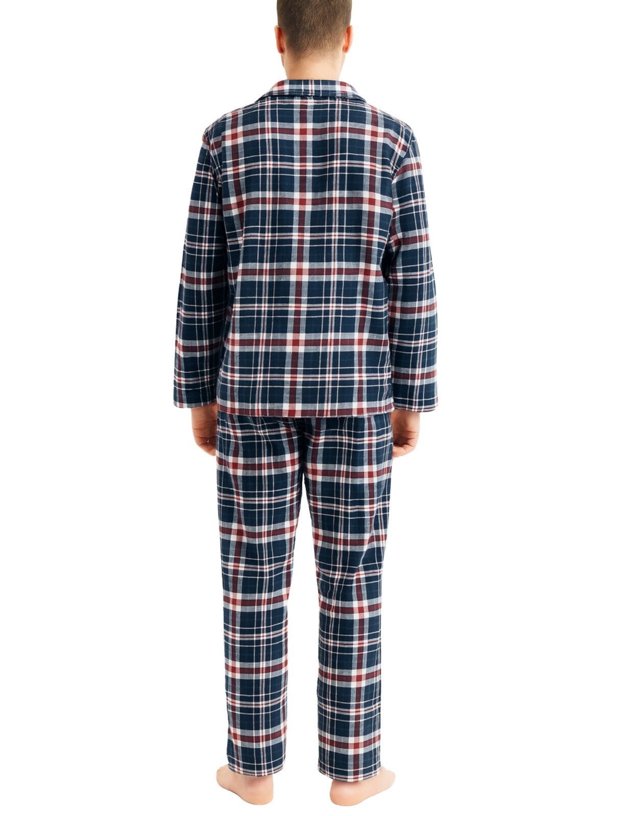 Mens Flannelette Pyjama Set Sleepwear Soft 100% Cotton PJs Two Piece - Navy/Red Check - XXL