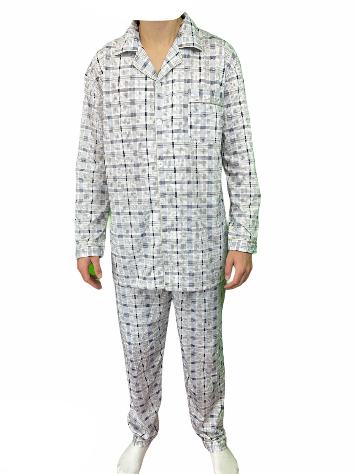 Mens Cotton Pyjama Set Long Sleeve Button Shirt Pants Sleepwear PJs - White/Blue - M