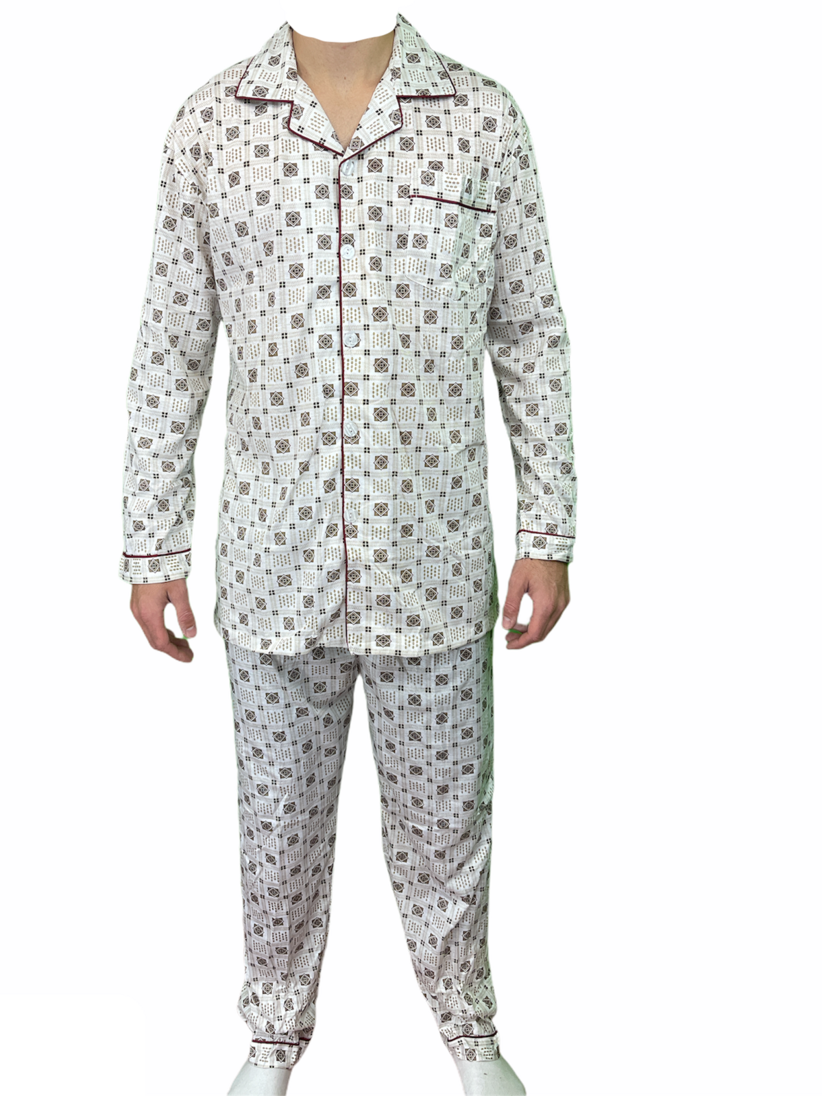 Mens Cotton Pyjama Set Long Sleeve Button Shirt Pants Sleepwear PJ - White/Brown - XL
