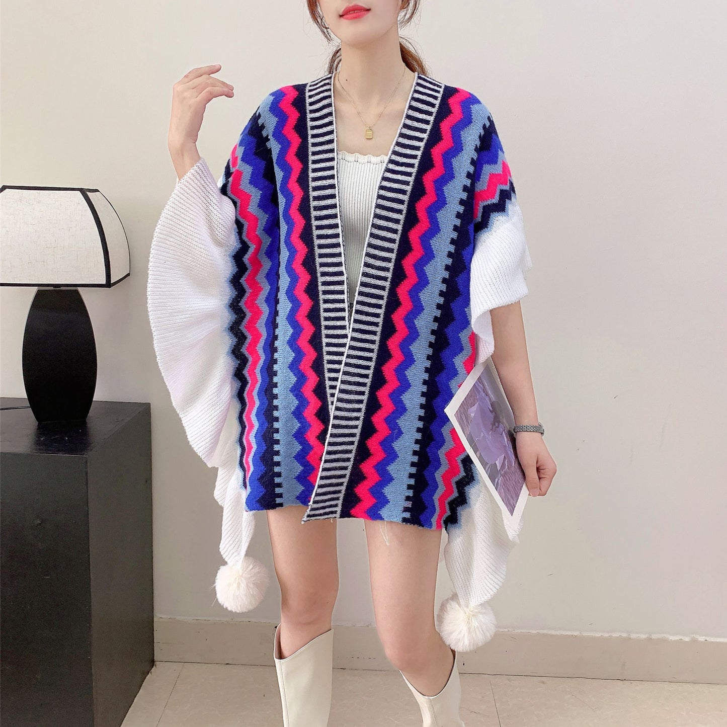 Blue Black Women's printed knitted cardigan cape with ruffled sleeves (Style 6)