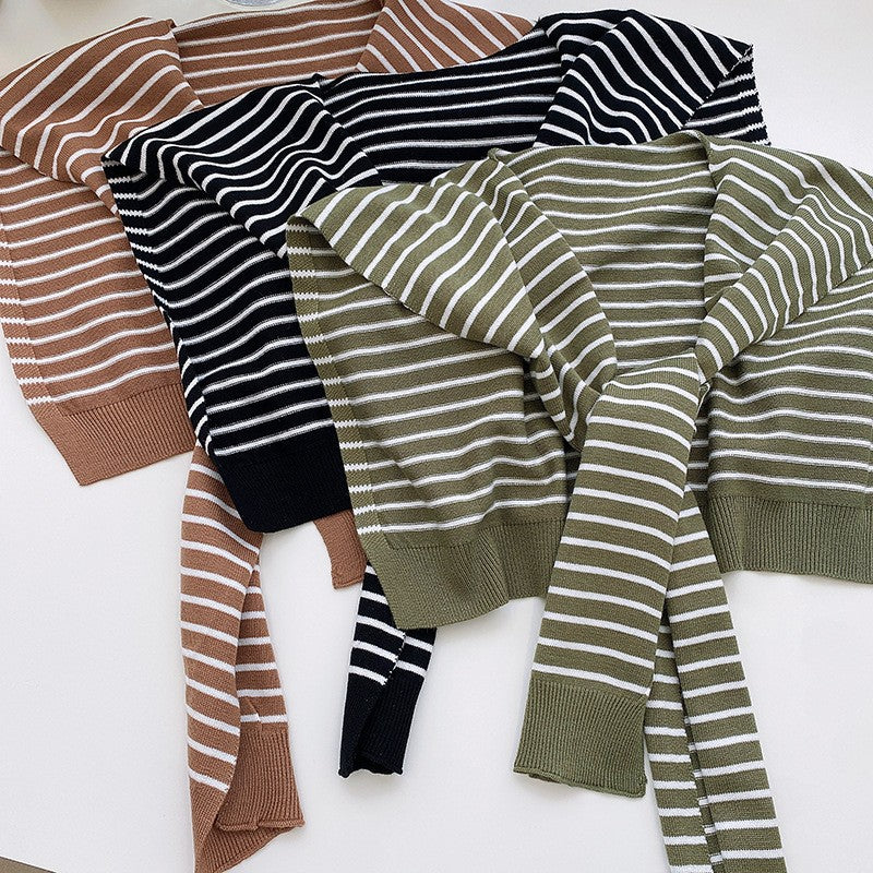 White Chic Striped Knit Tie-Front Shawl - Lightweight Versatile Layering Capelet for Women