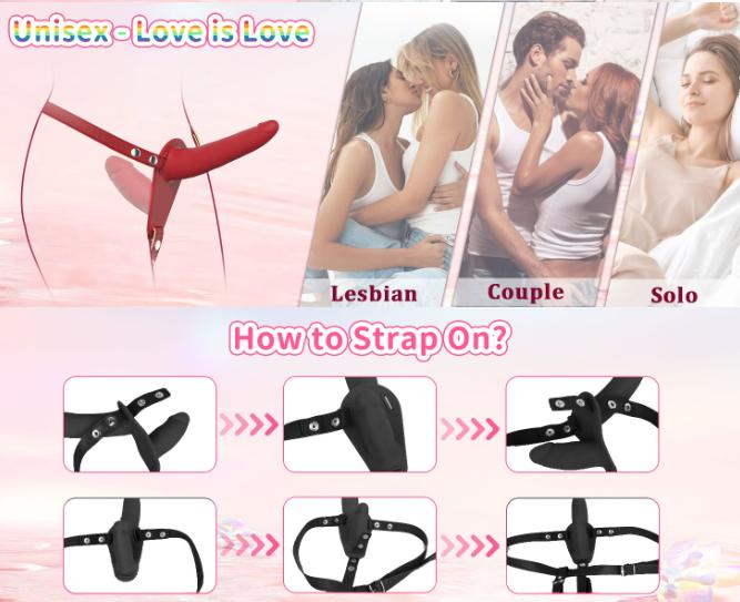 Red Versatile Unisex Dual-Ended Silicone Strap-On Dildo with Adjustable Leather Harness for Couples & Solo Play