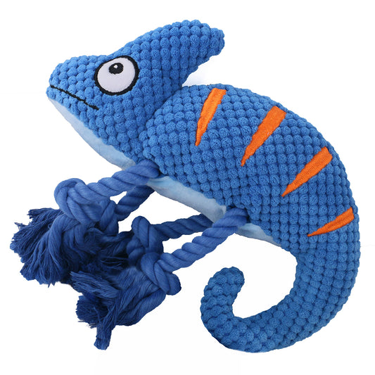 2 Pcs Blue Interactive Plush Chameleon Dog Toy with Squeaker & Rope Legs - Durable Chew Toy for Medium/Large Dogs, Teeth Cleaning Texture, Machine Washable (10.2in)