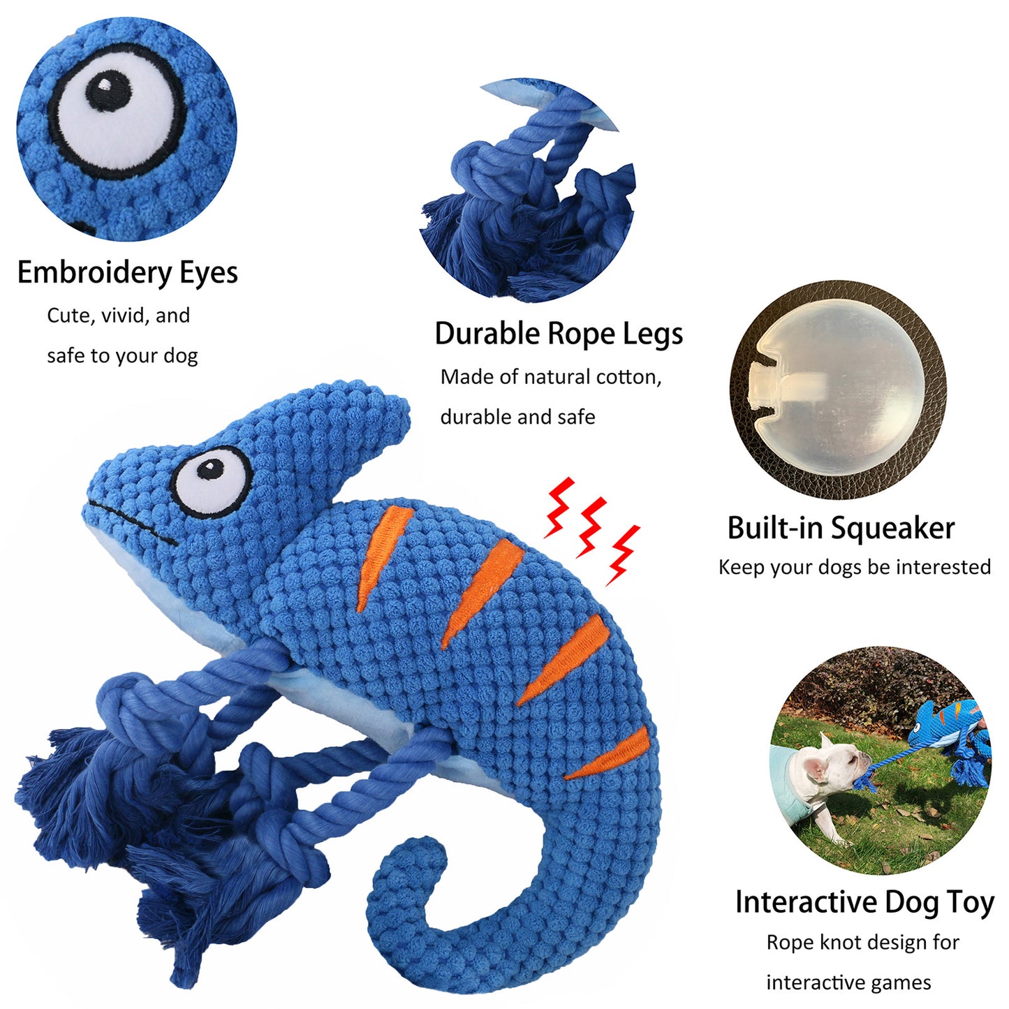 2 Pcs Pink Interactive Plush Chameleon Dog Toy with Squeaker & Rope Legs - Durable Chew Toy for Medium/Large Dogs, Teeth Cleaning Texture, Machine Washable (10.2in)
