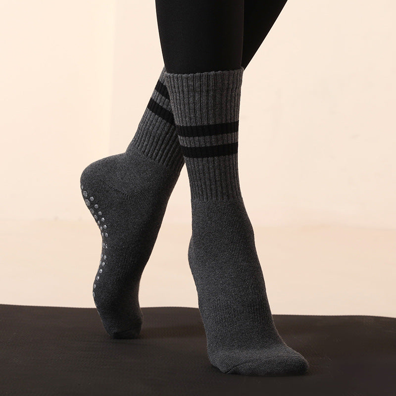 Grey (3-Pack) Unisex Striped Non-Slip Grip Socks - Cotton Crew Socks for Yoga, Pilates & Home Workouts