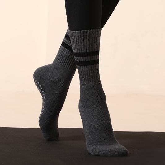 Grey (3-Pack) Unisex Striped Non-Slip Grip Socks - Cotton Crew Socks for Yoga, Pilates & Home Workouts