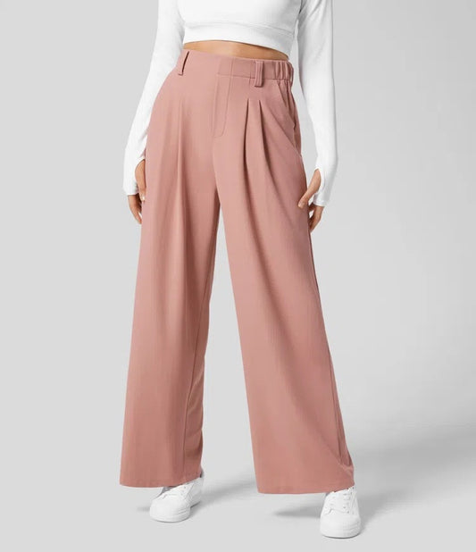 L Pink Drapey High-Waist Wide-Leg Trousers - Loose Fit Casual Long Pants for Women
