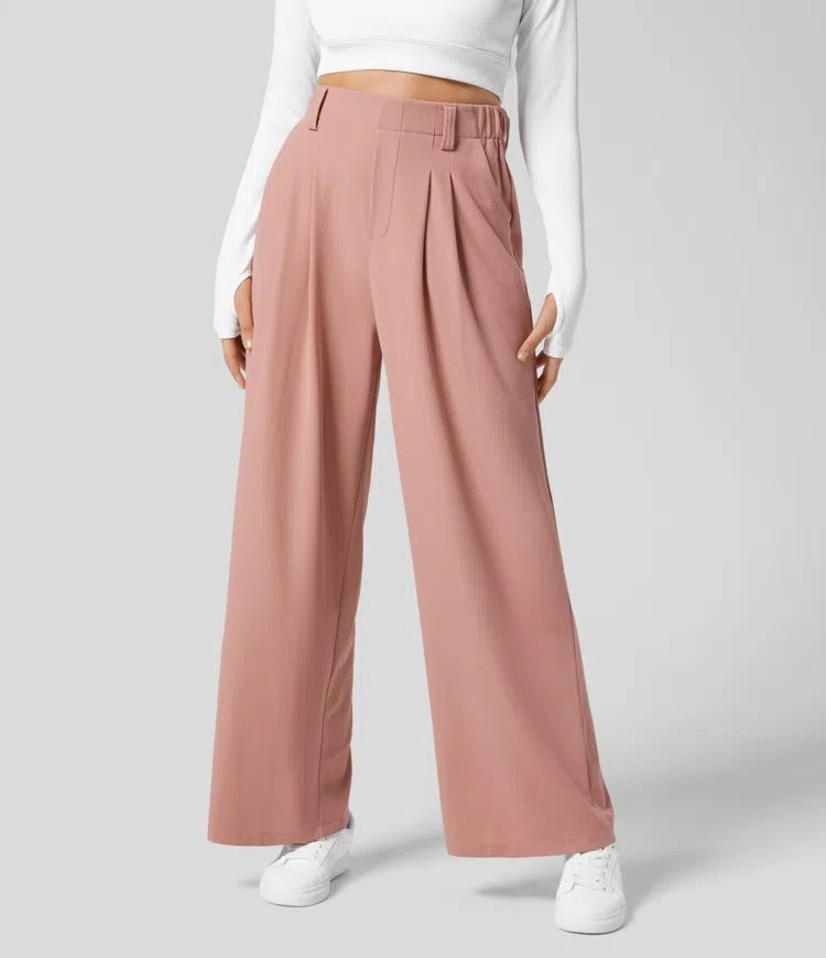 XXL Pink Drapey High-Waist Wide-Leg Trousers - Loose Fit Casual Long Pants for Women