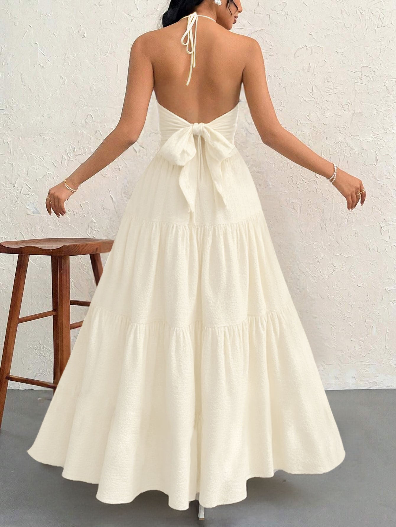 Apricot S Size Women's Elegant Halter Maxi Dress Summer Backless V-Neck Sleeveless Long Beach Resort Gown