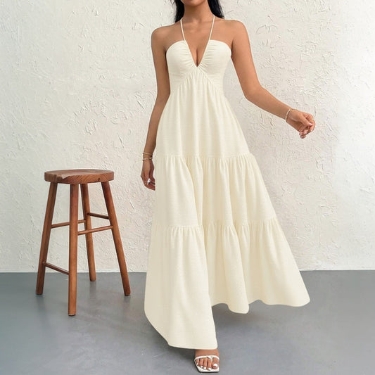 Apricot XL Size Women's Elegant Halter Maxi Dress Summer Backless V-Neck Sleeveless Long Beach Resort Gown