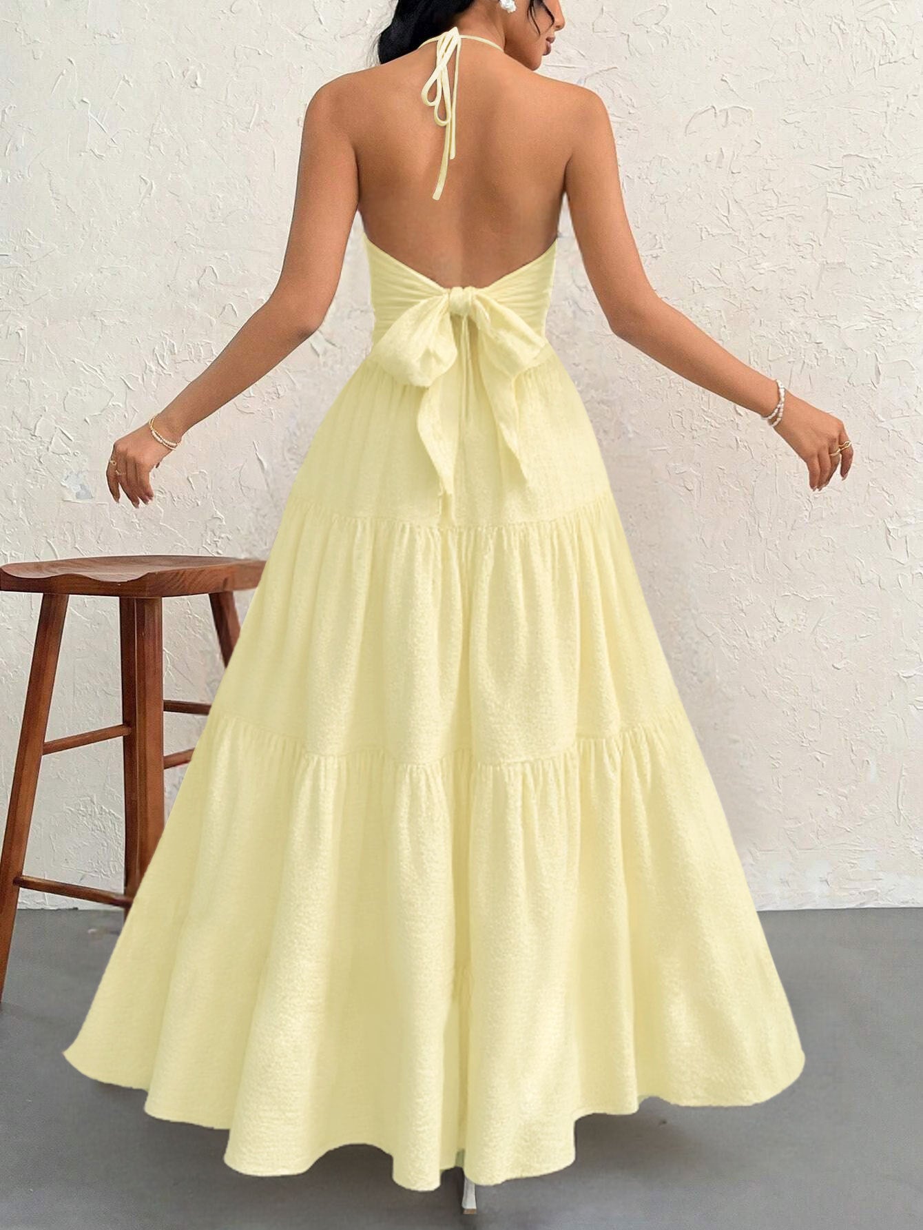 Yellow S Size Women's Elegant Halter Maxi Dress Summer Backless V-Neck Sleeveless Long Beach Resort Gown