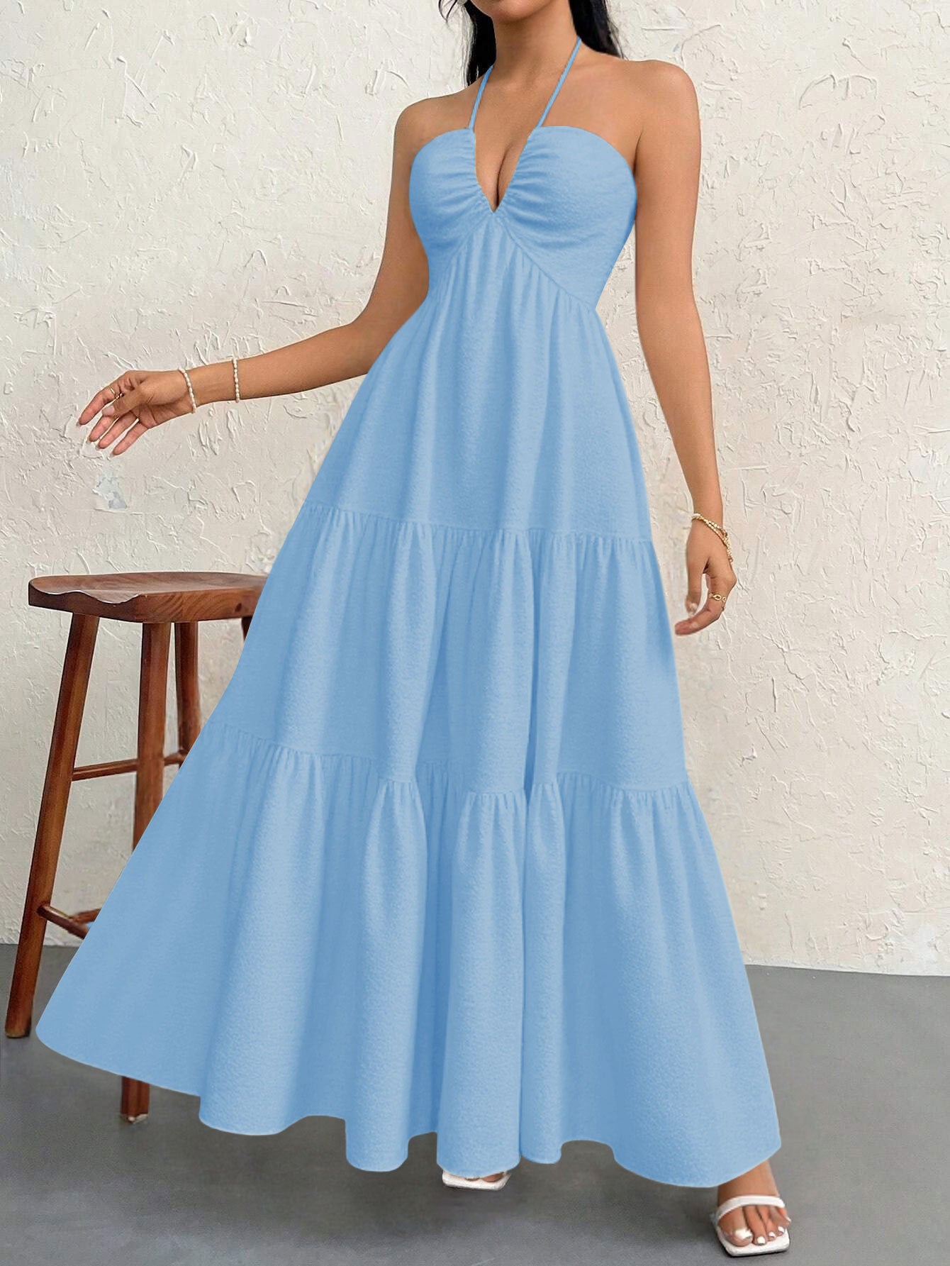Blue M Size Women's Elegant Halter Maxi Dress Summer Backless V-Neck Sleeveless Long Beach Resort Gown