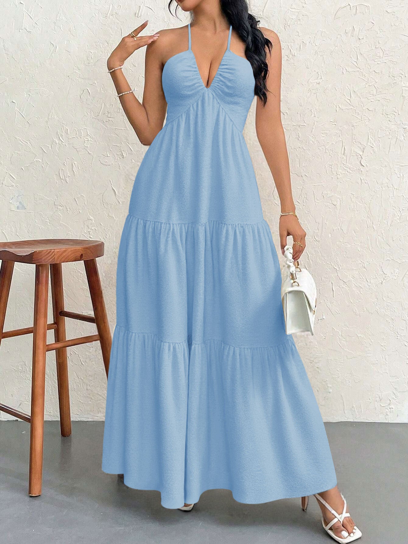 Blue M Size Women's Elegant Halter Maxi Dress Summer Backless V-Neck Sleeveless Long Beach Resort Gown