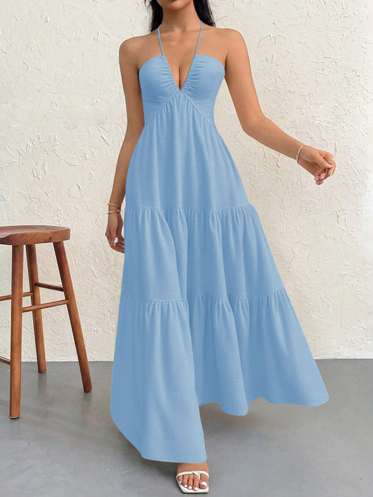 Blue XL Size Women's Elegant Halter Maxi Dress Summer Backless V-Neck Sleeveless Long Beach Resort Gown