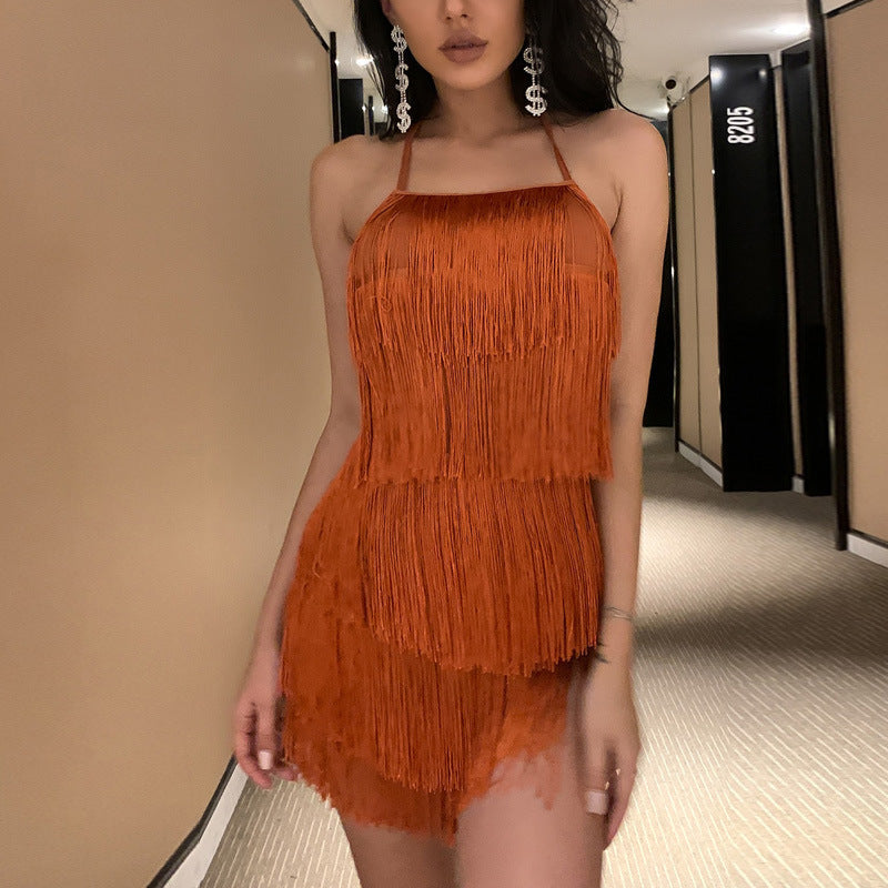 Women's Halter Neck Tassel Playsuit Sexy Backless Tiered Fringe Romper Coffee brown for Summer Festivals and Parties XS