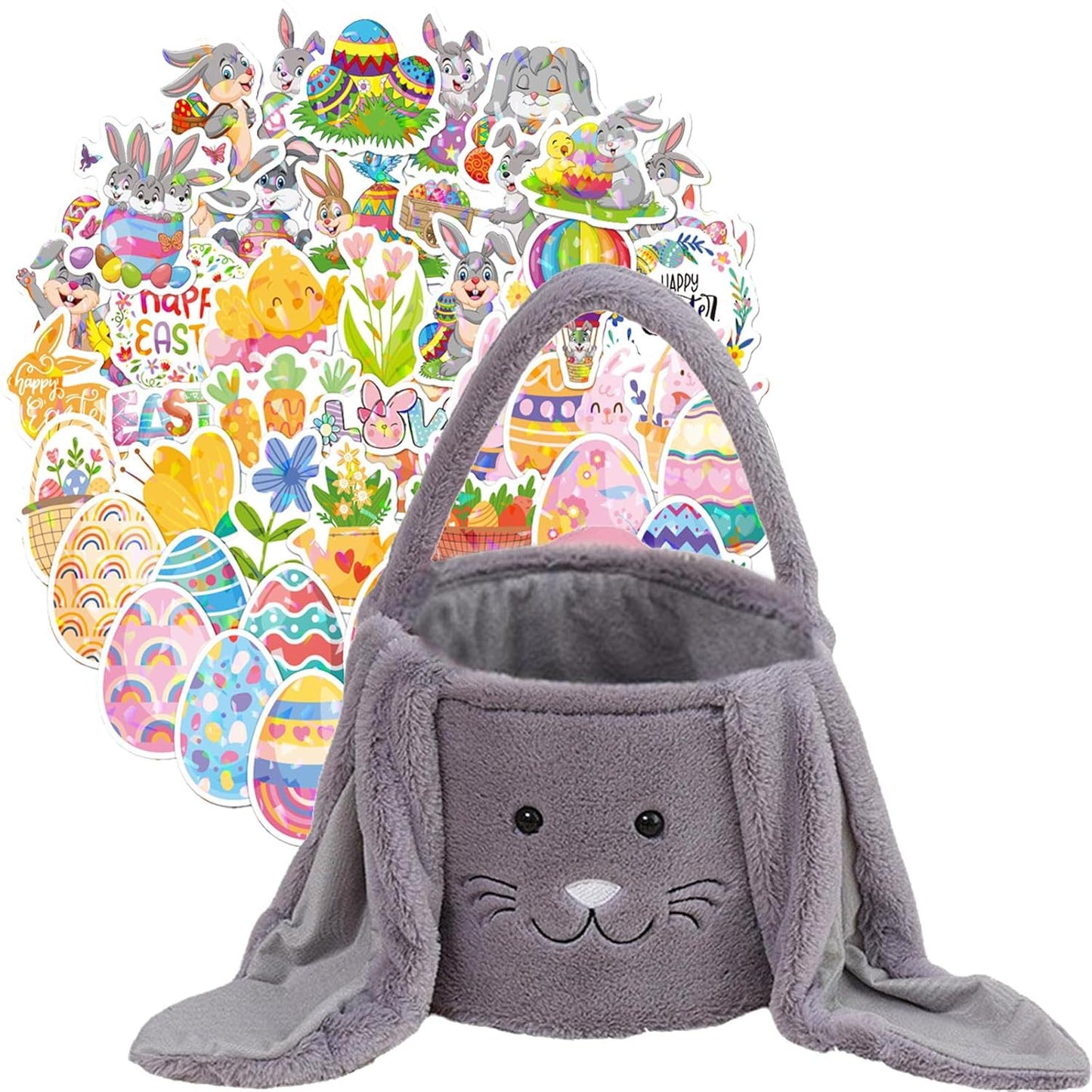 Grey Cute Plush Bunny Easter Basket with Long Ears and Personalization Option for Kids Egg Hunt and Spring Celebration
