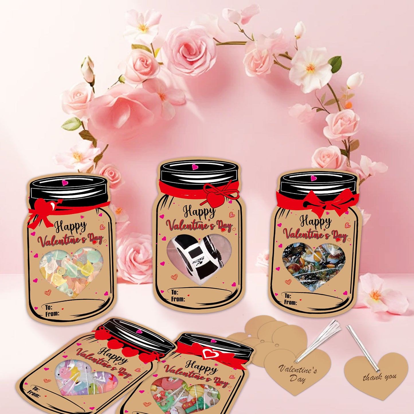 50PCS Valentine's Day Drift Bottle Shaped Gift Card Set - Premium Coated Paper Greeting Card for Family / School Exchanges and Party Favors