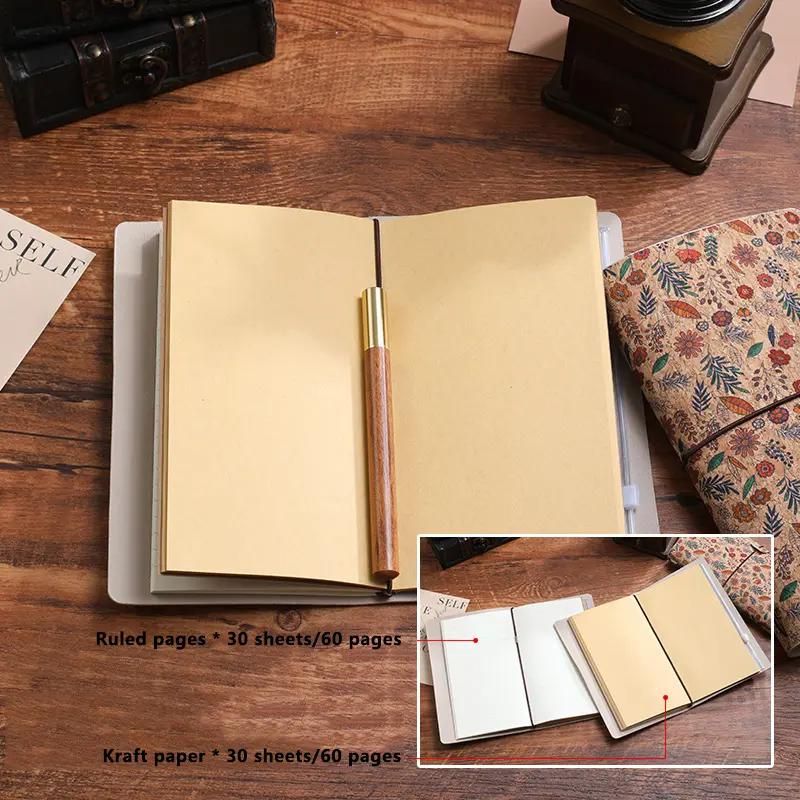Ivy Retro A6 Travelers Leather Notebook & Wooden Pen Gift Box - Floral Botanical Loose-Leaf Journal with Bronze Charm, Kraft Paper and Lined Paper