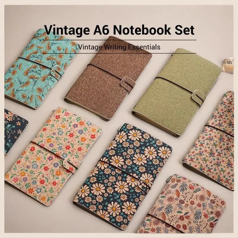 Cornflower Retro A6 Travelers Leather Notebook & Wooden Pen Gift Box - Floral Botanical Loose-Leaf Journal with Bronze Charm, Kraft Paper and Lined Paper