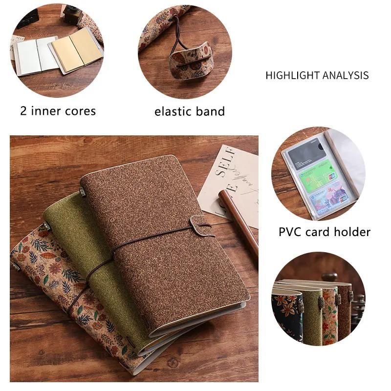Shiny Brown Retro A6 Travelers Leather Notebook & Wooden Pen Gift Box - Floral Botanical Loose-Leaf Journal with Bronze Charm, Kraft Paper and Lined Paper