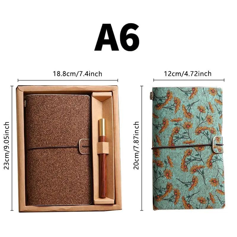 Shiny Brown Retro A6 Travelers Leather Notebook & Wooden Pen Gift Box - Floral Botanical Loose-Leaf Journal with Bronze Charm, Kraft Paper and Lined Paper