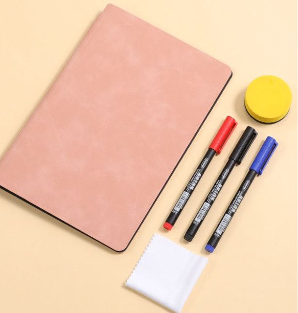 Green A4 PU Leather Whiteboard Notebook with 3-Color Pens, Eraser & Cloth - Reusable Eco-Friendly Desktop Memo Pad & Handheld Writing Tablet