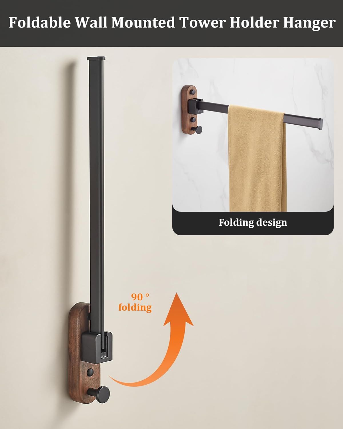 23CM Moisture Aluminum Folding Towel Rack Integrated Bottom Hook - 90° Folding Black Walnut Grain Wall-Mounted Drying Rod and Organize