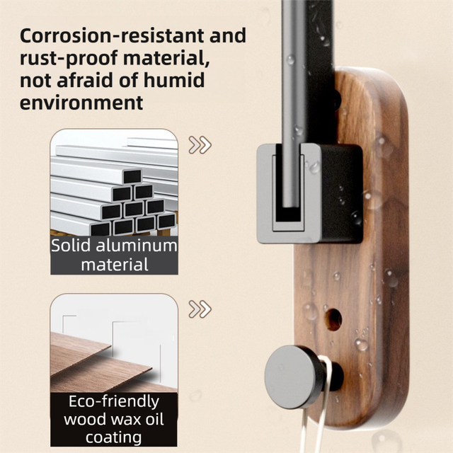 33CM Moisture Aluminum Folding Towel Rack Integrated Bottom Hook - 90° Folding Black Walnut Grain Wall-Mounted Drying Rod and Organize