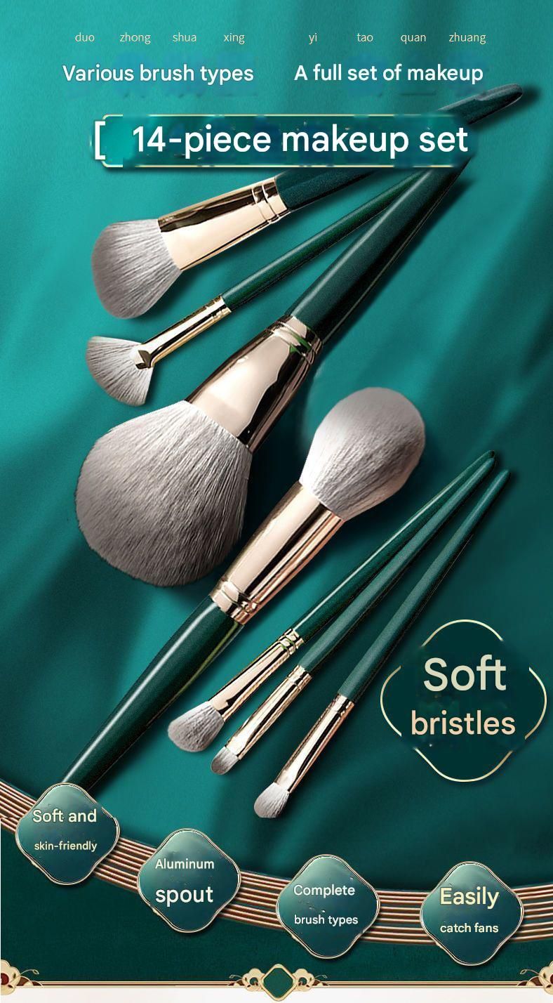 14-Piece Green Brush Storage BagSynthetic Fibre Makeup Brush Set - Soft Bristles, Long Handles, Complete Face and Eye Kit, Beginner Friendly Beauty Tools for Foundation, Blush, and Eyeshadow Application