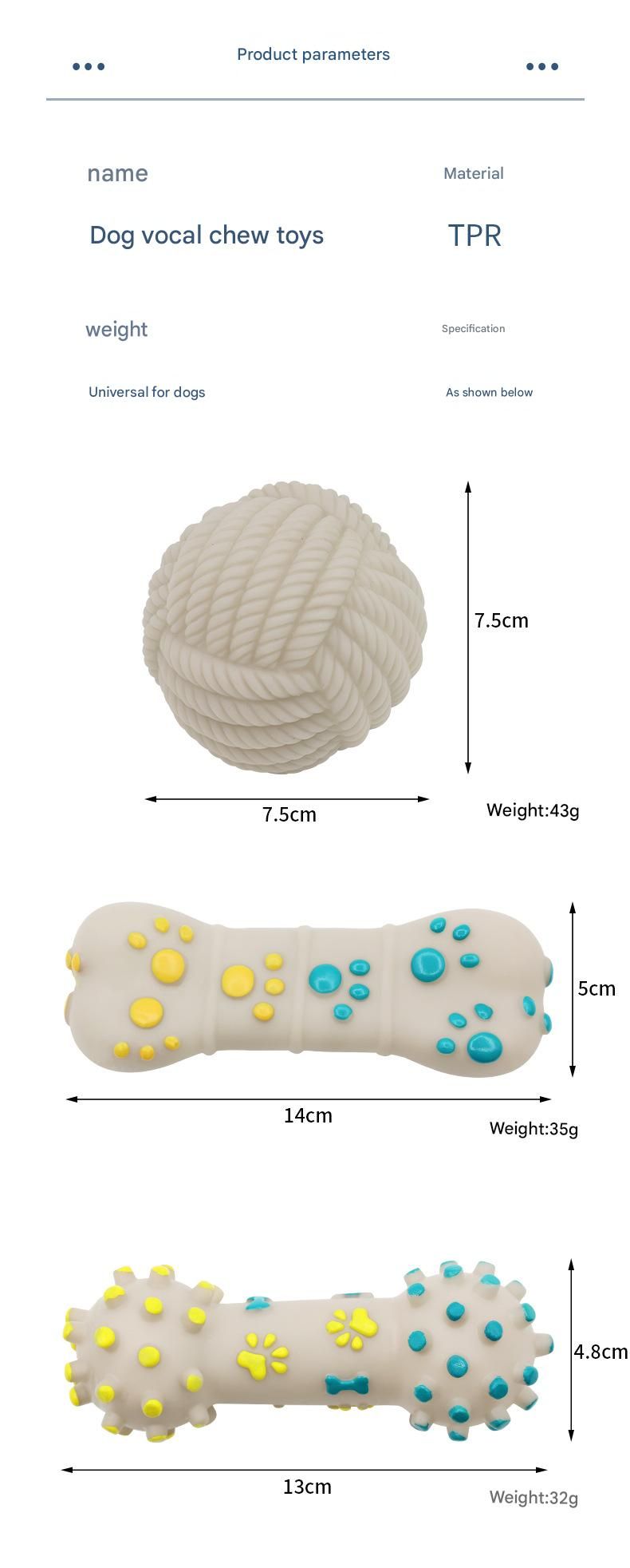 3-piece Yellow and Blue Squeaky Bone Spiked ring barbell White Rope Ball Durable TPR Dog Chew Toys Set -  for Teeth Cleaning - Non-Toxic, Bite-Resistant, Easy Clean - Interactive Play for Medium to Large Dogs
