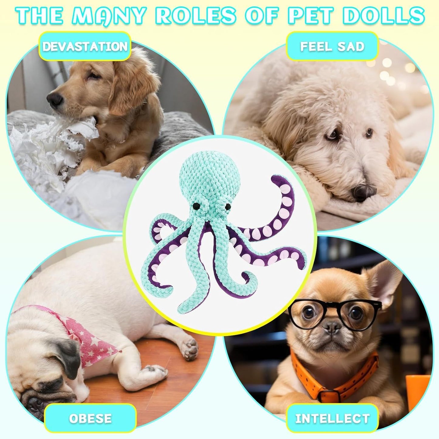 2-Pack Yellow Plush Octopus Dog Toy with Squeaker - Interactive Chew Toy for Small, Medium & Large Dogs - Durable, Teeth-Cleaning & Boredom-Relief Pet Toy (35cm)