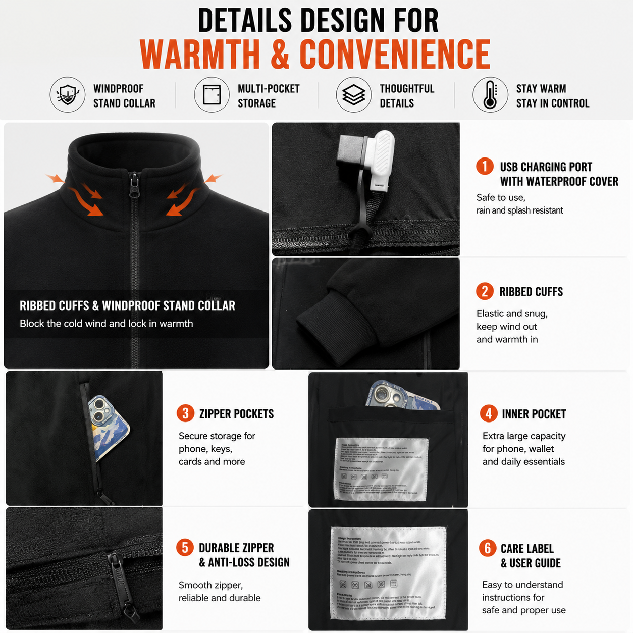 XL Size Winter USB Heated Windproof Soft Fleece Warm Jacket for Men and Women – 8 Zones Graphene & Carbon Fiber Fast Heating Coat with Front & Back Dual-Control Button and 3 Level Heating, Washable Design, Muti Pockets, Ribbed Cuff & Stand Collar
