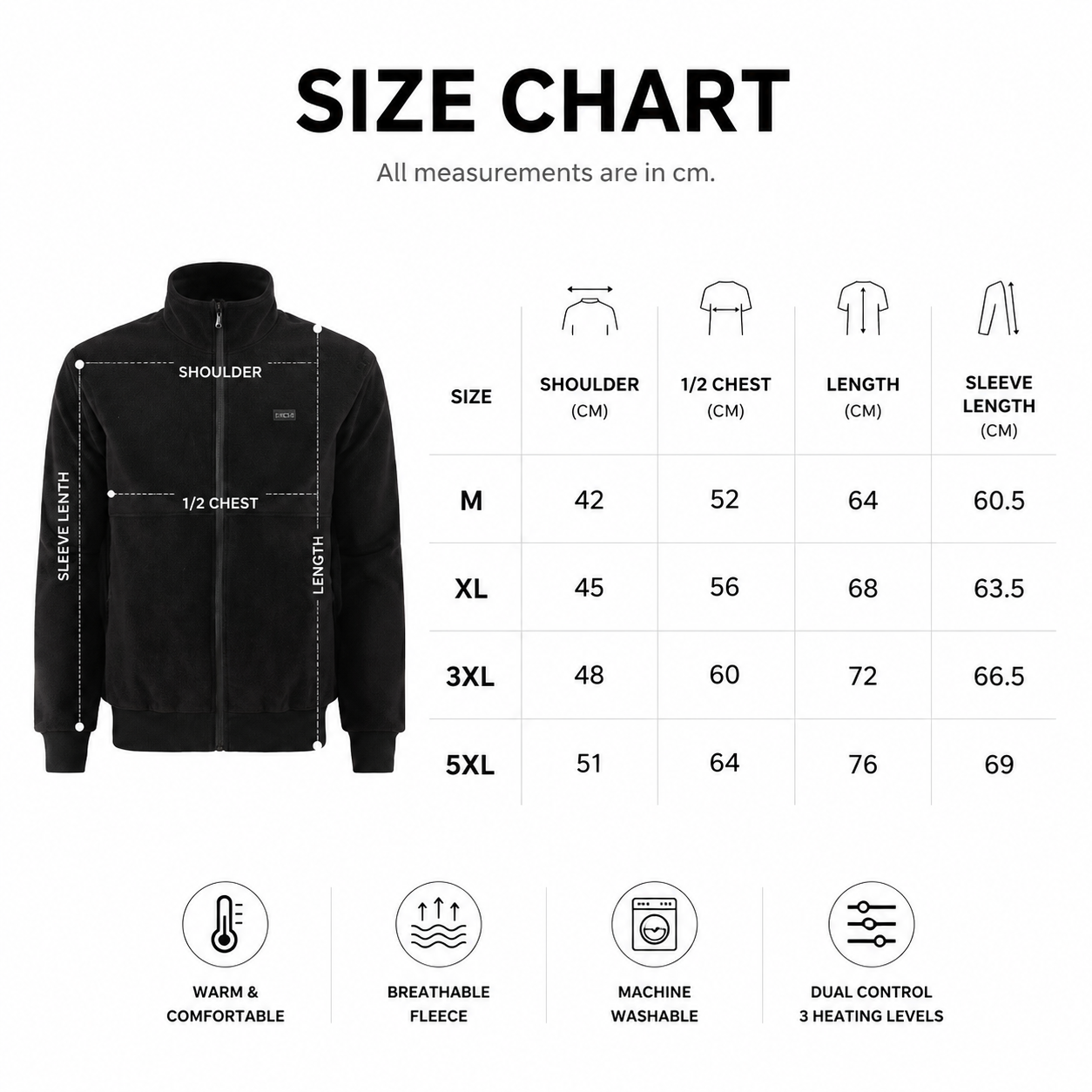 5XL Size Winter USB Heated Windproof Soft Fleece Warm Jacket for Men and Women – 8 Zones Graphene & Carbon Fiber Fast Heating Coat with Front & Back Dual-Control Button and 3 Level Heating, Washable Design, Muti Pockets, Ribbed Cuff & Stand Collar